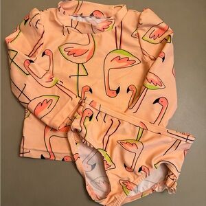 Rash guard with ruffle bikini bottoms, flamingo print